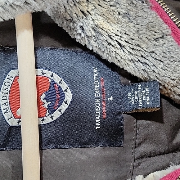 1 Madison Expedition brown faux fur lined long hooded coat jacket size large - Picture 2 of 3